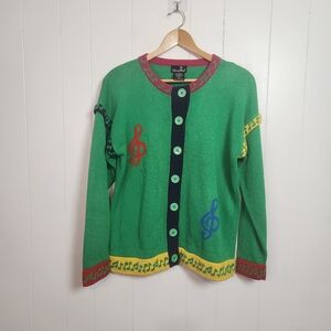 Vintage Music Note Sweater Cardigan Green Colourful Buttons Teacher Size Small